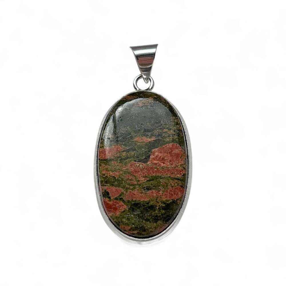 Handmade Unakite Gemstone Oval Silver-Tone Pendant Necklace